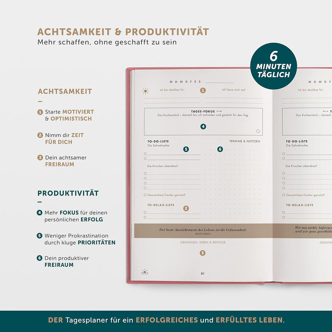 Das 6 Minuten Tagebuch Erfolgsjournal - #1 Tagesplaner 2025 für mehr Motivation, Selbstreflexion & E