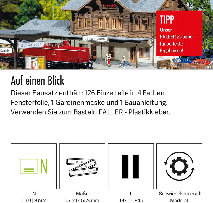 FALLER Bahnhof Schwarzach Modellbausatz mit 126 Einzelteilen 251 x 120 x 74 mm I Modelleisenbahn Zub
