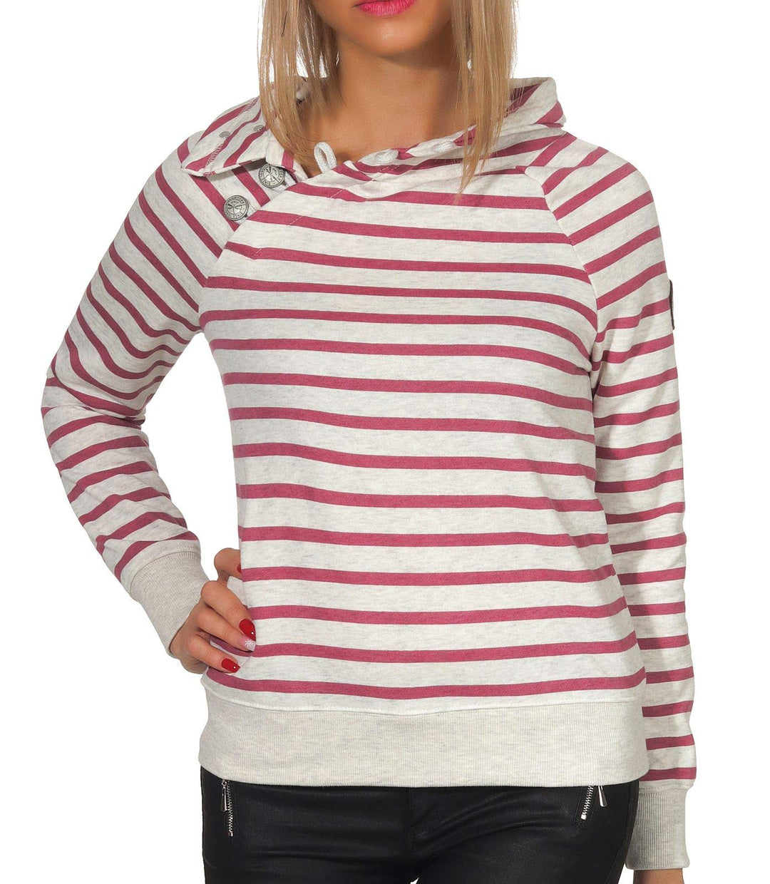 ONLY Damen gestreiftes Sweatshirt Randi Nadine Knopfleiste 15170109 Oatmeal Stripes/Rose Wine L