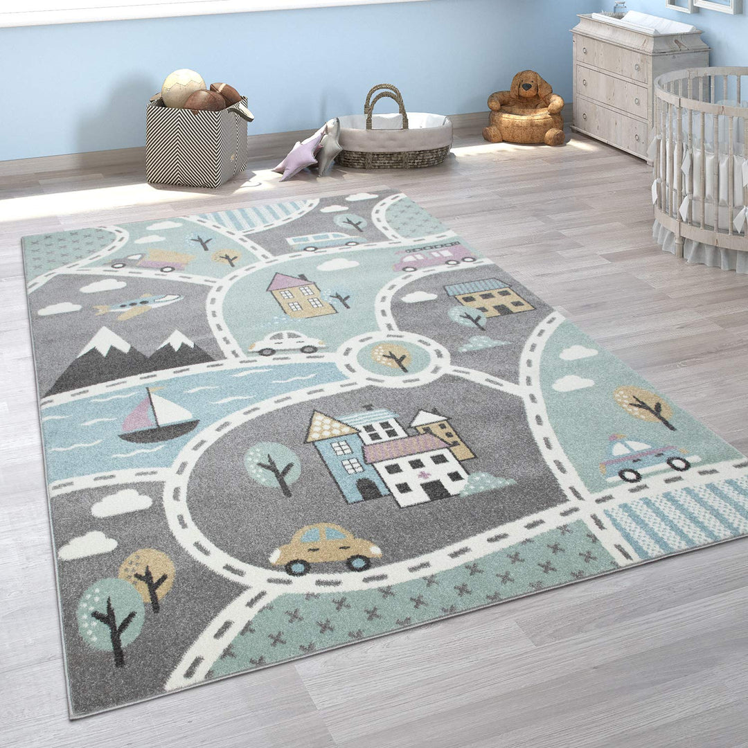 Paco Home Kinder-Teppich Mit Strassen-Motiv, Spiel-Teppich Für Kinderzimmer, In Grün Grau, Grösse:Ø