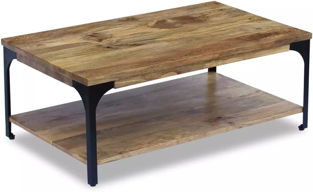 Festnight Couchtisch Kaffeetisch Sofatisch Mangoholz Stahlrahmen Beistelltisch mit Ablagefach zur Au