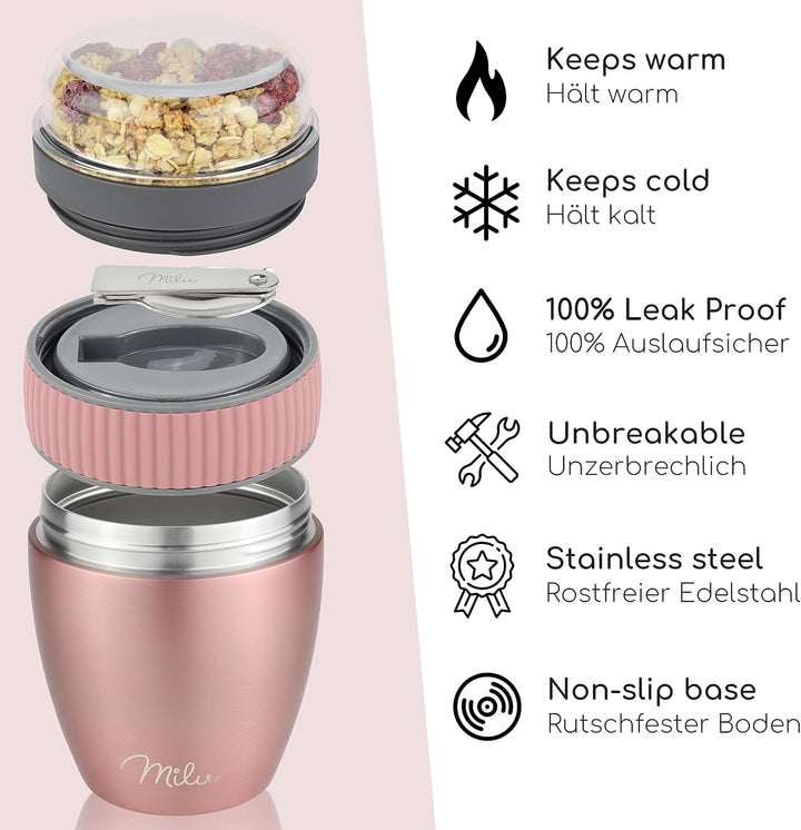 Milu Müslibecher to go 400ml MüsliMax I isolierter Edelstahl Joghurtbecher für Müsli I auslaufsicher