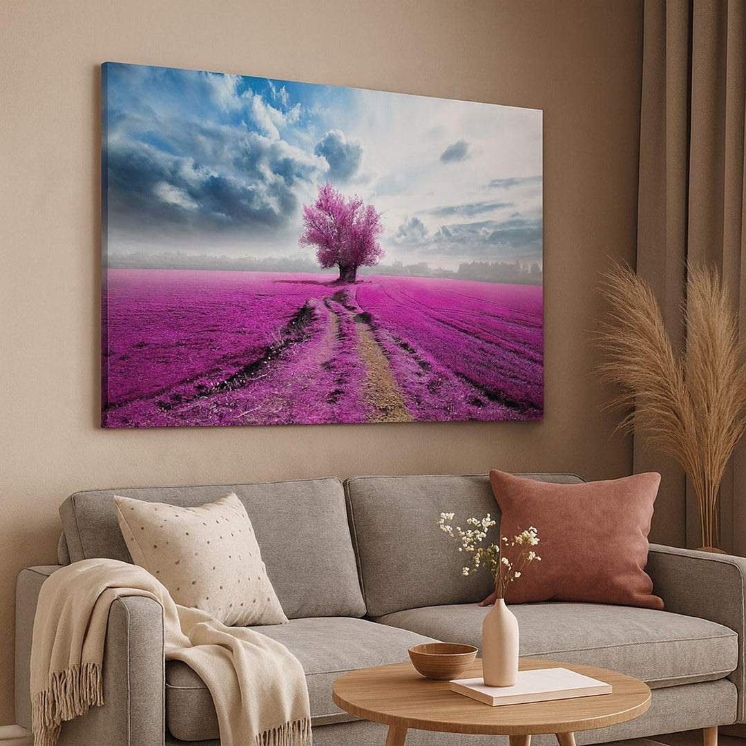 Bilder auf Leinwand 100x70cm Leinwandbild Heidefeld Baum Wolken Landschaft Gross Wanddeko Bild Schla