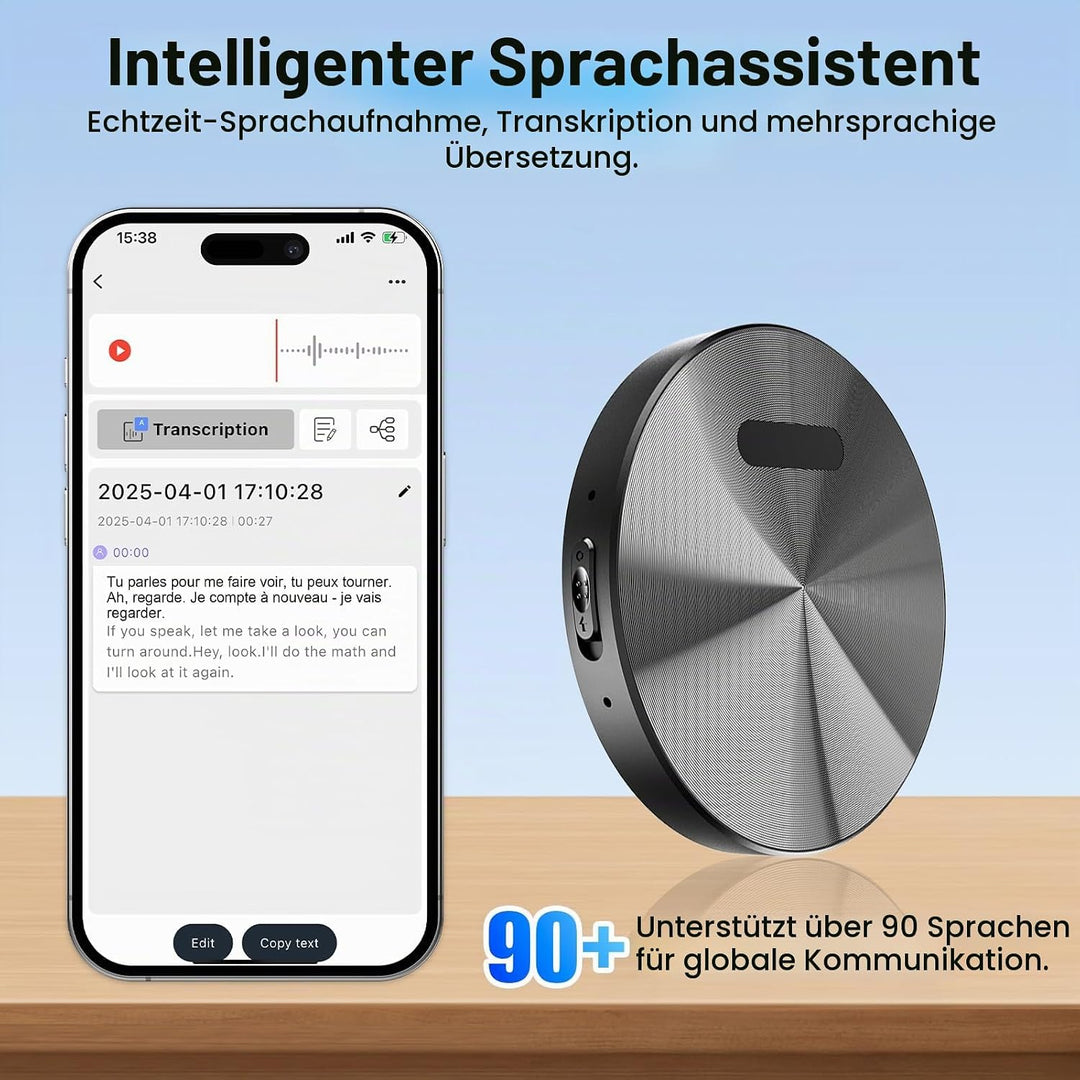 KI Digitales Diktiergerät 64GB – Magnetisches Mini-Aufnahmegerät mit ChatGPT 4o, App-Steuerung, Echt