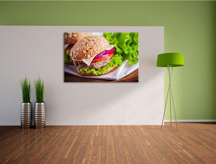 Köstlicher Hamburger Format: 100x70 auf Leinwand, XXL riesige Bilder fertig gerahmt mit Keilrahmen,