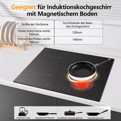 Induktionskochfeld 4 Platten mit Stecker, DELITEER, Induktions Kochfeld Autark 16A Steckerdose, 3500