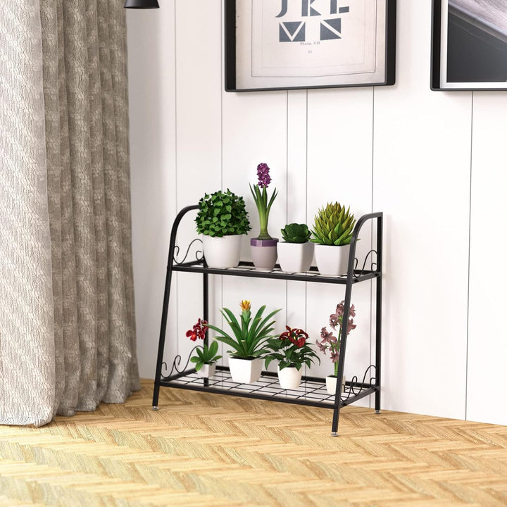 GOPLUS 2-Stufige Metall Blumentreppe, Pflanzenregal mit Griff, Pflanzentreppe, Blumenregal Pflanzens