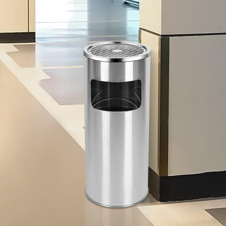 Mülleimer mit Aschenbecher für den Aussenbereich – Standaschenbecher aus Metall, Silber, 25*25*60cm-