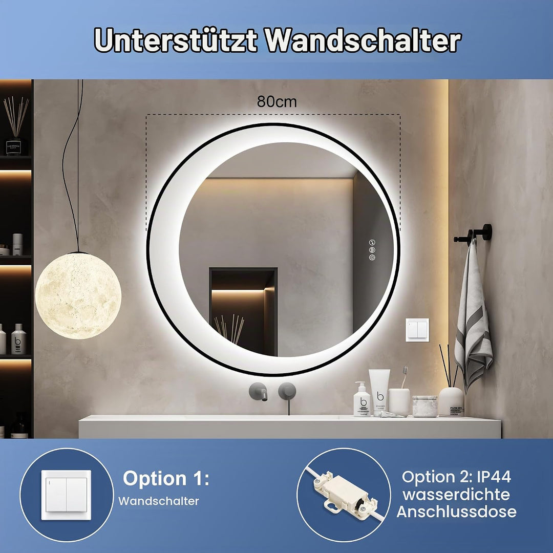 STARLEAD Rund Badspiegel-mit-Beleuchtung 80cm, Asymmetrischer-Spiegel mit Bluetooth, Dimmbar, 3 Lich