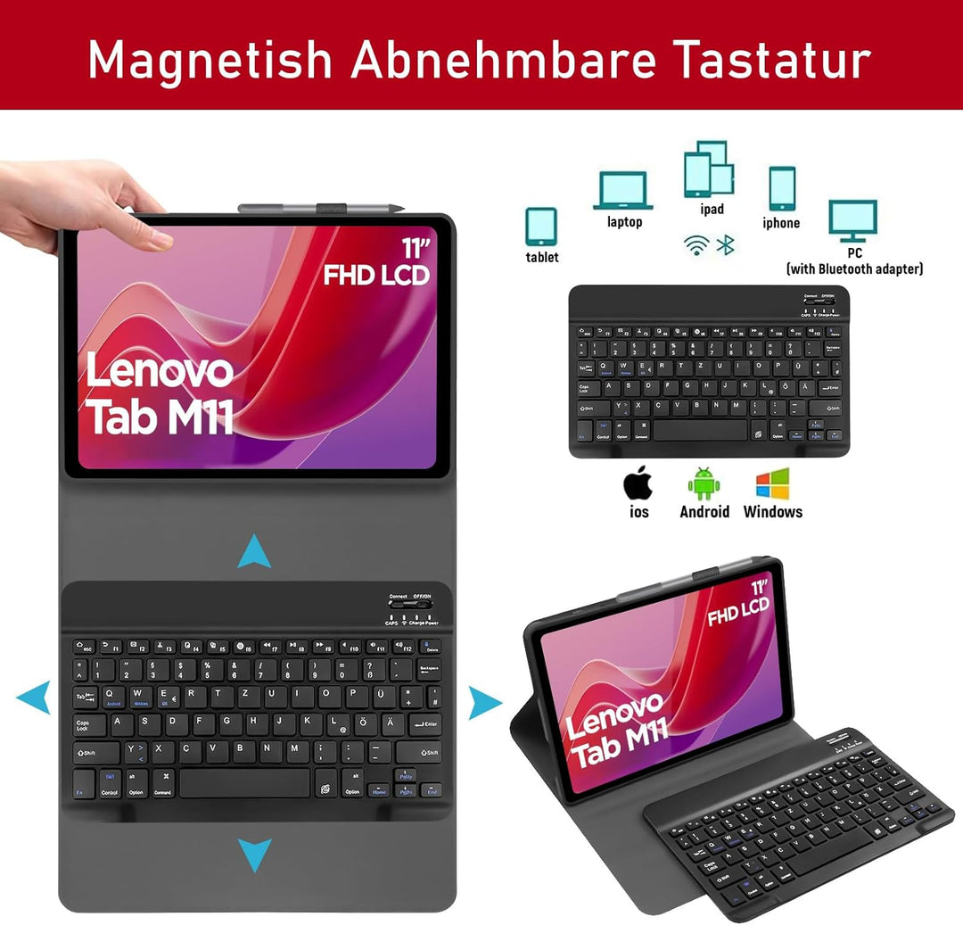 Tastatur Hülle für Lenovo Tab M11 11 Zoll 2024 (TB330FU/TB330XU), Schutzhülle mit Magnetisch Abnehmb