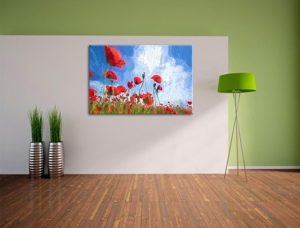 Pixxprint Mohnblumenfeld als Leinwandbild/Grösse: 100x70 cm/Wandbild/Kunstdruck/fertig bespannt, 100