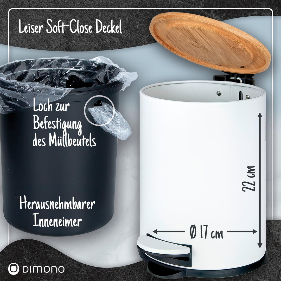 Dimono® Kosmetikeimer Bad-Mülleimer Abfalleimer 3 und 5 Liter Tret-Eimer mit flachem Bambus-Deckel u