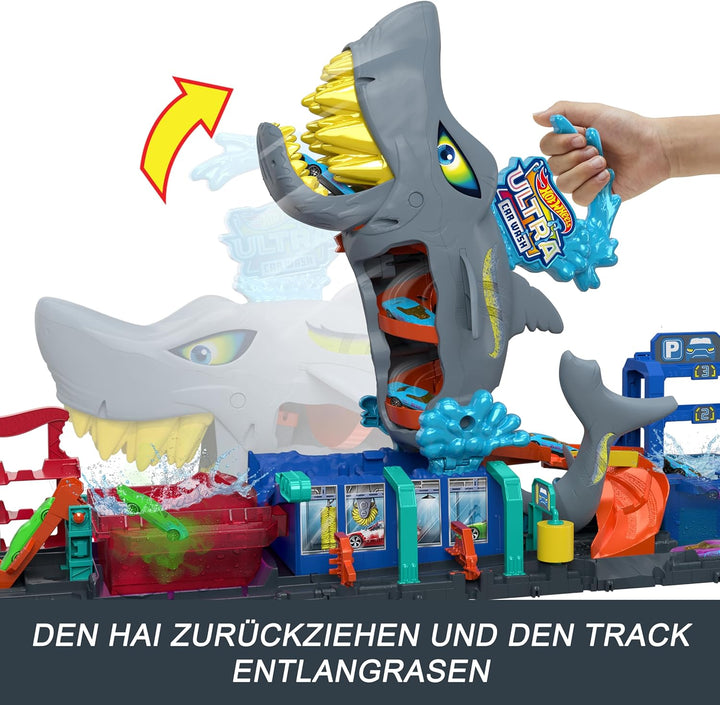 Hot Wheels Let's Race Netflix -City Spielzeugauto-Trackset, Ultimative Hai-Autowaschanlage mit Spiel