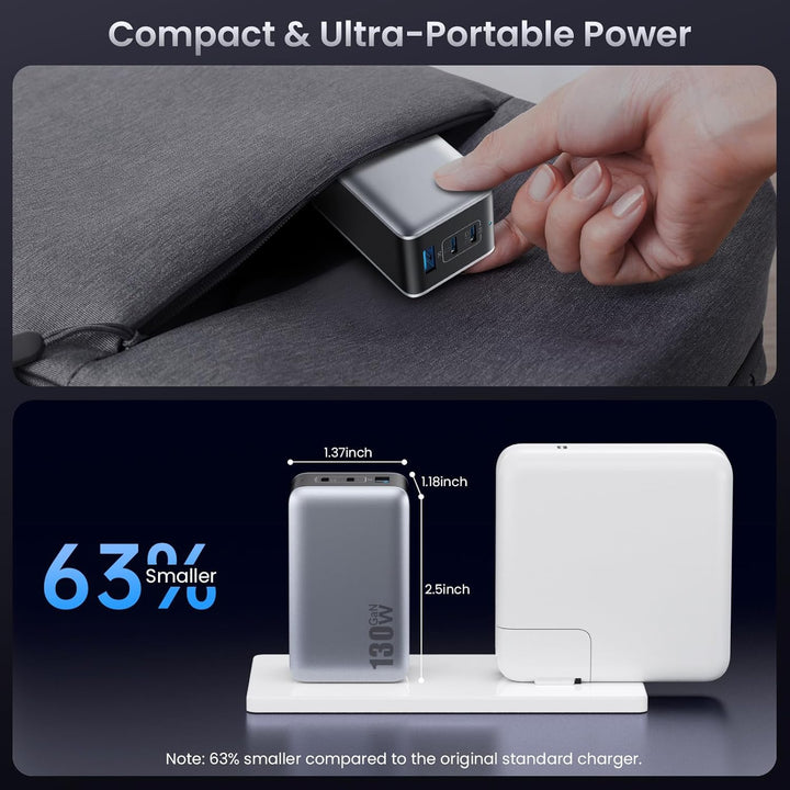 130W USB C Ladegerät, 3-Port GaN IV USB C Netzteil Laptop Ladegerät, 65W PD/PPS/QC Schnellladegerät