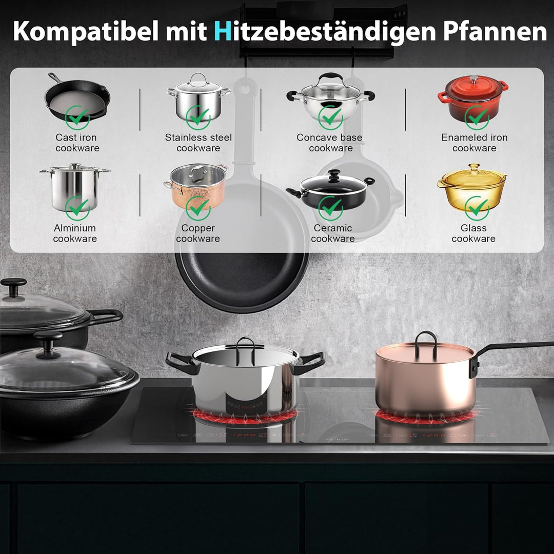 Hobsir hob Glaskeramikkochfeld 2 Platten mit Stecker | 3200W, 60cm Einbaudesign & Arbeitsplatten-Auf