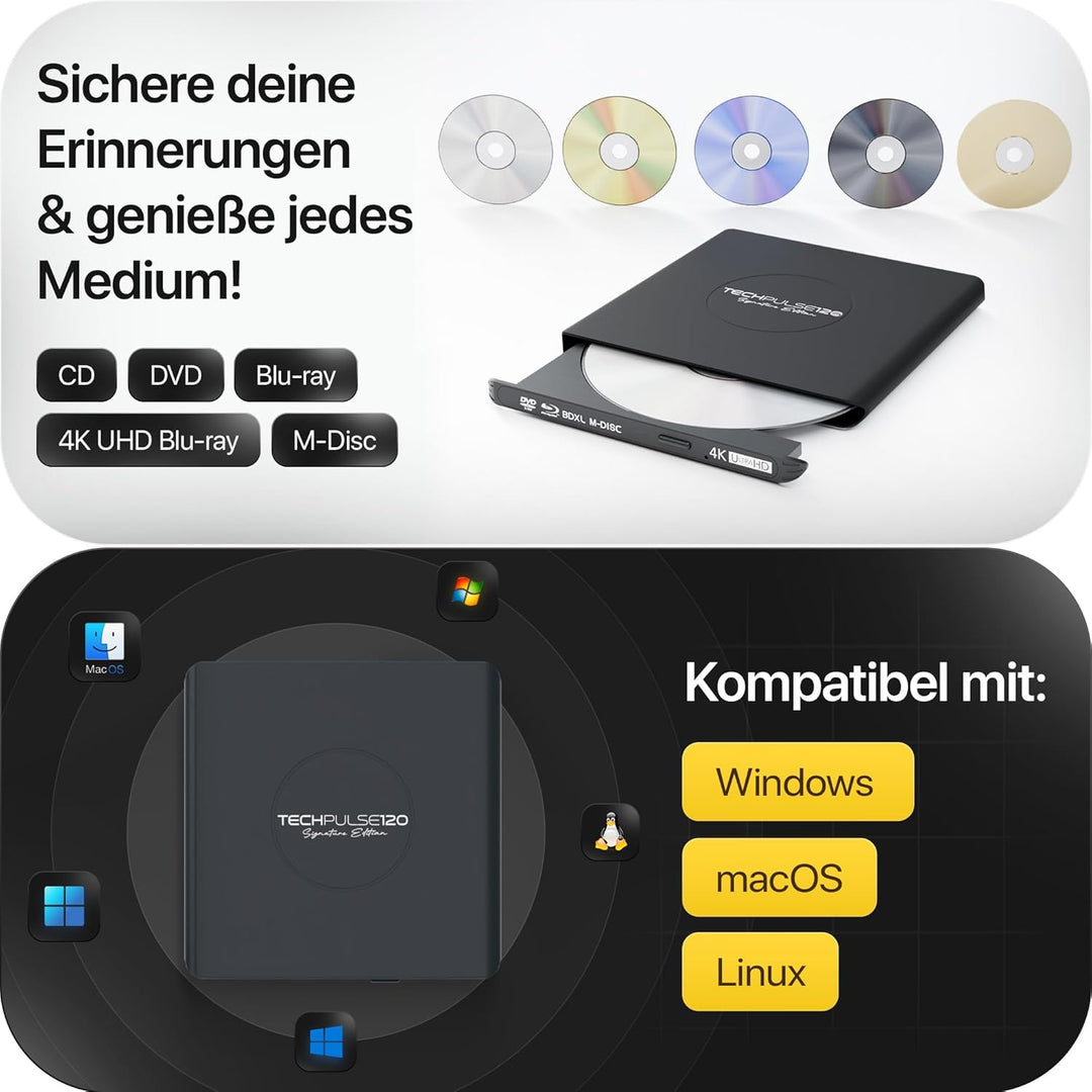 techPulse120 Externes USB 3.1 USB-C UHD 4k 3D M-DISC Blu-ray DVD CD HDR10 128GB Laufwerk Brenner Bur