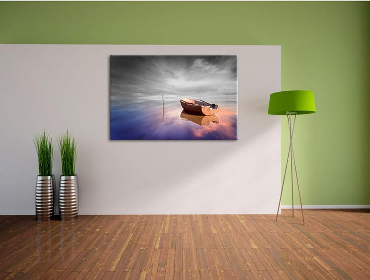 Pixxprint Einsames Boot auf See als Leinwandbild/Grösse: 100x70 cm/Wandbild/Kunstdruck/fertig bespan