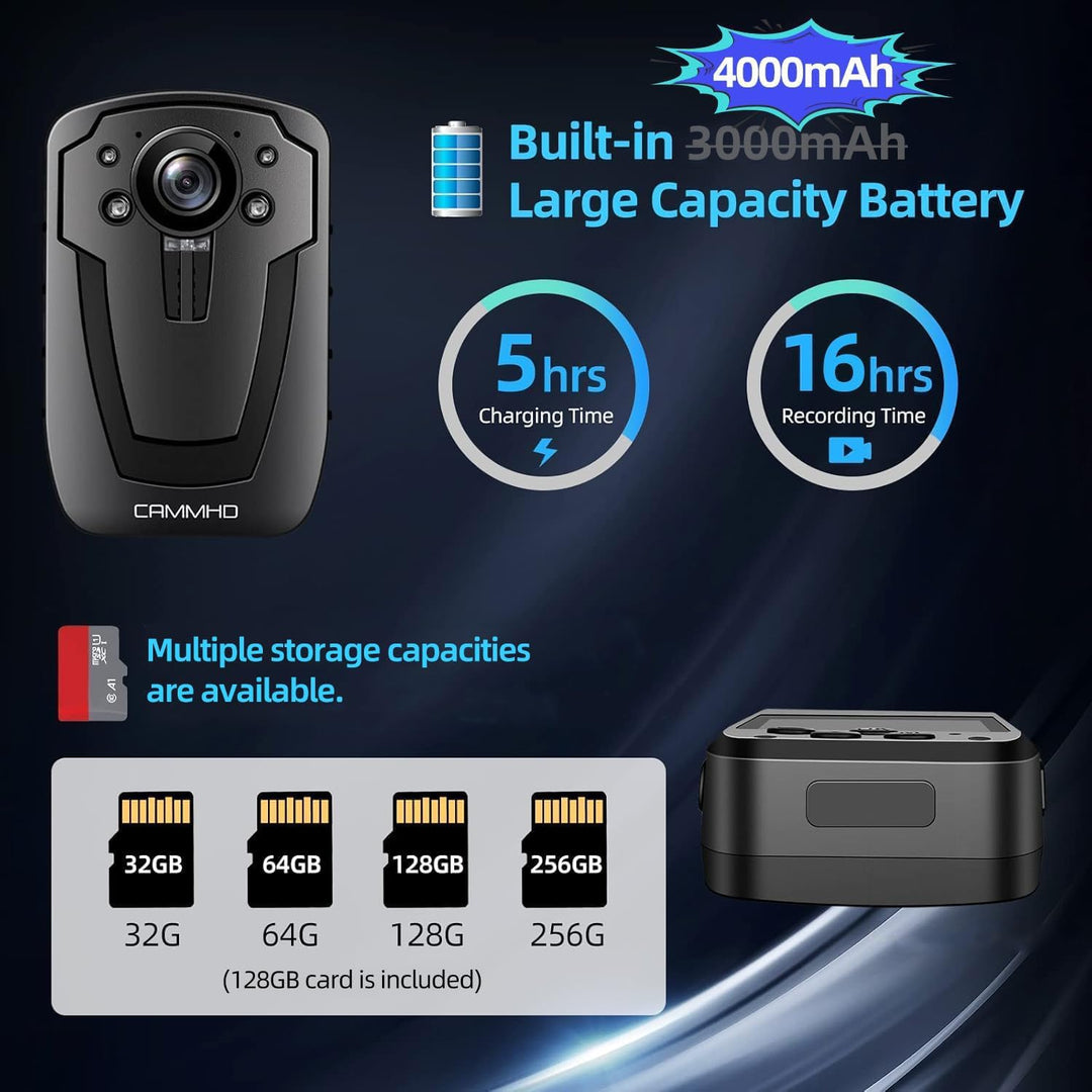 CAMMHD C8-128GB 1296P Body Cam 12 Stunden Tragbare Audio und Video Bodycam 170° Weitwinkel Polizei K