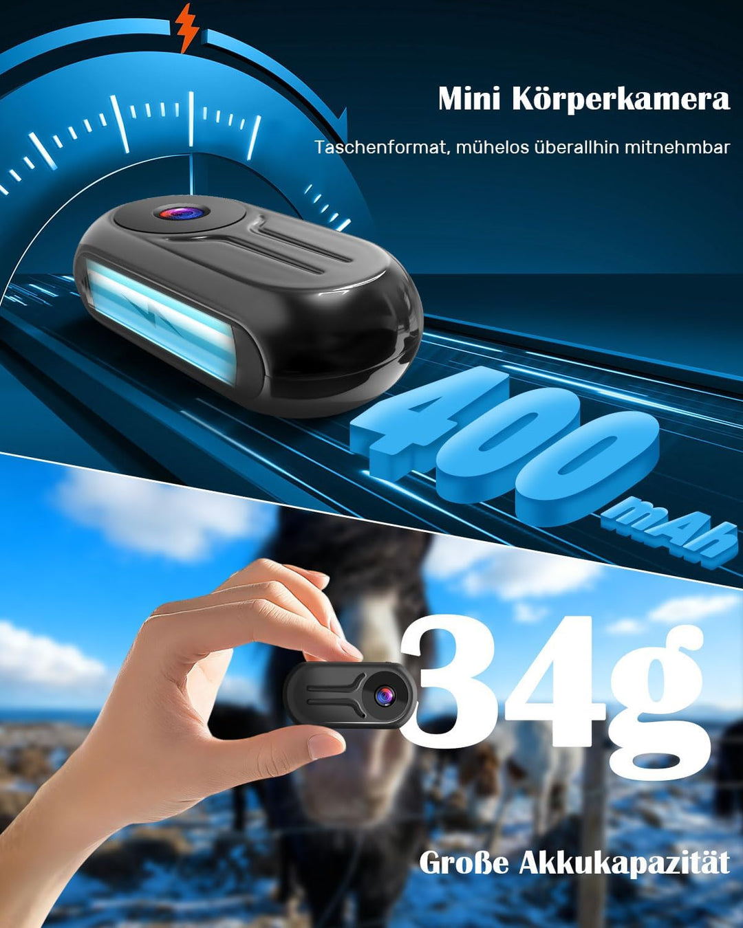 Mini Action Cam, 1080P HD Actionkamera, Sportkamera 120° Weitwinkel Körperkamera Bodycam mit Display
