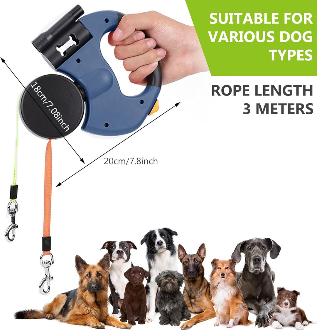 Doppelte Einziehbare Hundeleine für 2 Hunde mit Licht, 3m, Bequemer Griff und Ausziehbar Blau, Blau