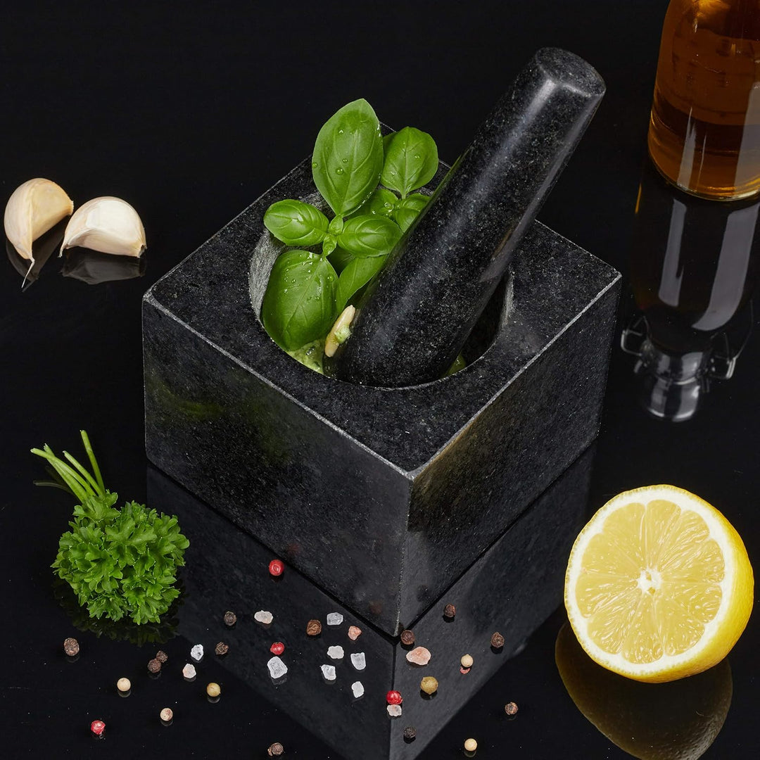 Relaxdays Granit Mörser mit Stössel, eckig, langlebig, Gewürze, Kräuter, 9,5x11x11cm, 250 ml, polier