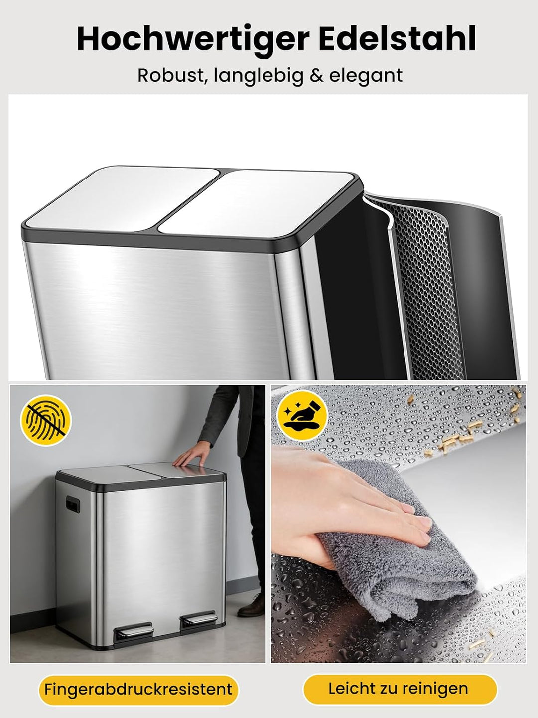 YEAUPE PRO Mülleimer Küche 40L (2x20L), Edelstahl Treteimer mit Fusspedal,Doppel Mülltrennung,Heraus