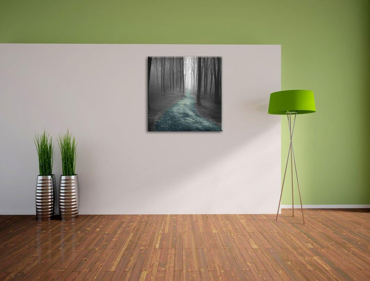 Pixxprint Einsamer Weg im Wald schwarz/weiss, Format: 70x70 auf Leinwand, 70x70