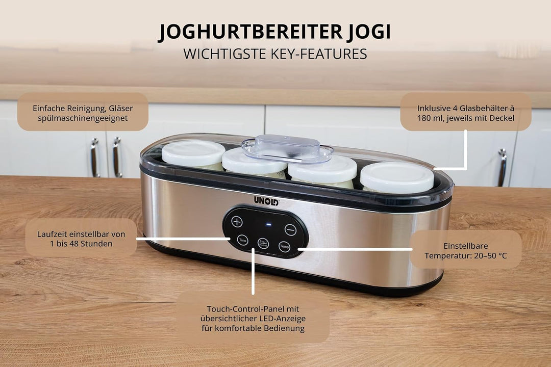 Unold Joghurtbereiter Jogi | 4 Behälter à 180 ml für hausgemachten Joghurt | Einfache Joghurtbereitu