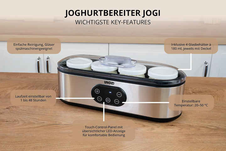 Unold Joghurtbereiter Jogi | 4 Behälter à 180 ml für hausgemachten Joghurt | Einfache Joghurtbereitu