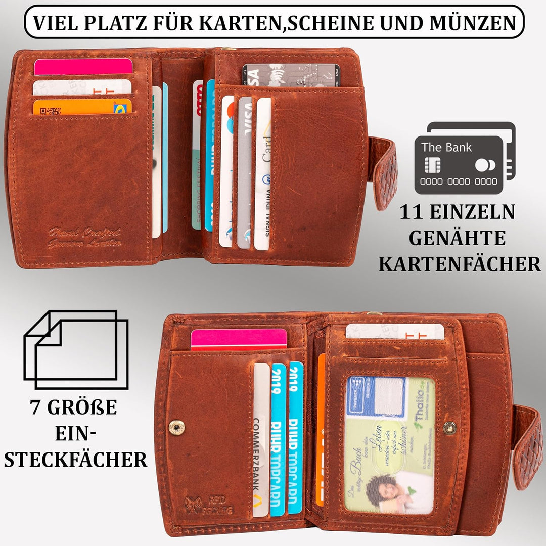 MATADOR Damen Portemonnaie Echt Leder – TÜV Geprüfter RFID & NFC Schutz - Geldbörse KARO Design - Ge