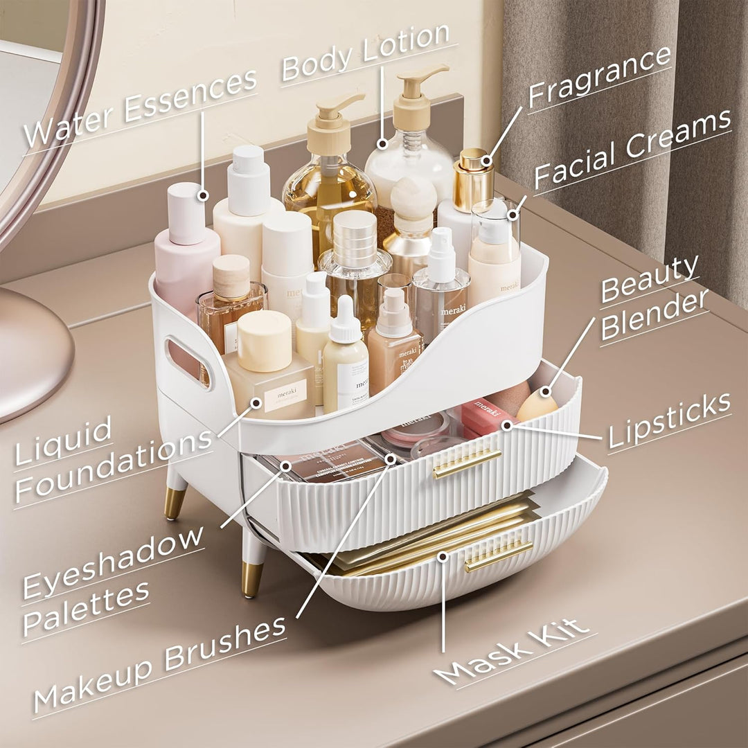 Make Up Organizer mit 2 Schubladen, Grosse Anti-Rutsch Schminktisch Organizer, Kosmetik Organizer, I