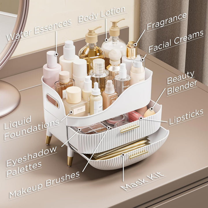 Make Up Organizer mit 2 Schubladen, Grosse Anti-Rutsch Schminktisch Organizer, Kosmetik Organizer, I