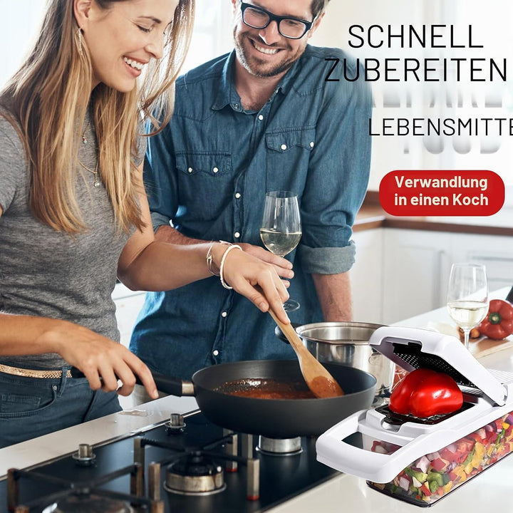 25-in-1 Gemüseschneider mit 13 Klingen – Gemüsehobel – Lebensmittelzerkleinerer mit Behälter – Käser