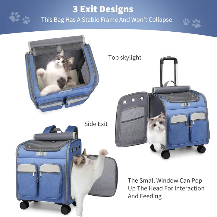 PETCUTE Katzenrucksack Hunderucksack mit Trolley 2 in 1 bis 11 kg,Faltbarer Hundetrolley mit 4 Räder