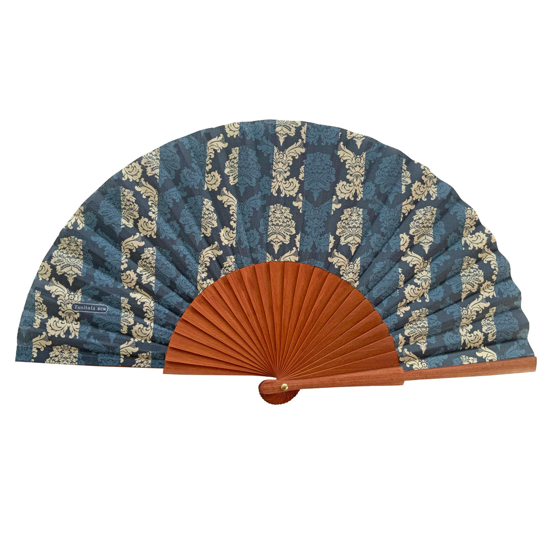 Spanischer Fächer Damast, Blau, Holz und Baumwolle, 23 cm, Etui und Bezug aus Baumwolle, modisches A