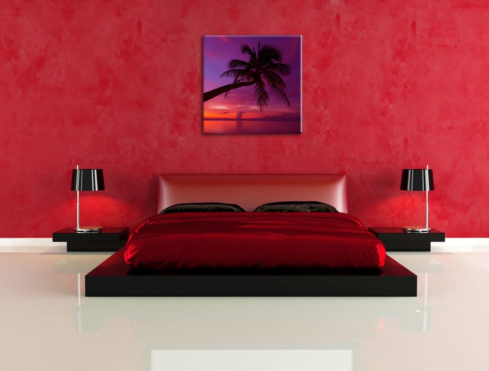 Pixxprint Palme am Meer mit Sonnenuntergang als Leinwandbild | Grösse: 70x70 cm | Wandbild | Kunstdr