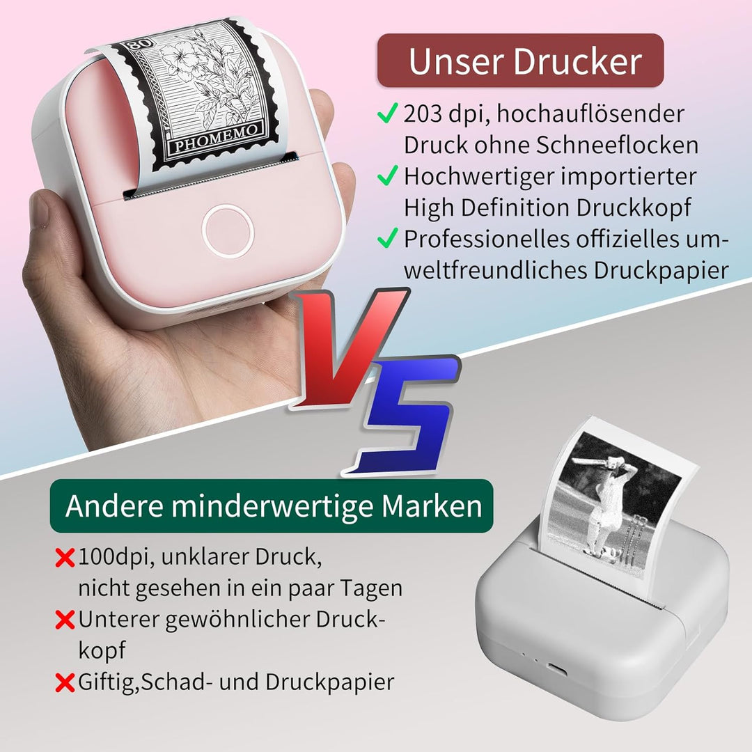T02 Bluetooth Mini Drucker für Smartphone, tragbarer Fotodrucker fürs Handy, Etikettendrucker, Mobil