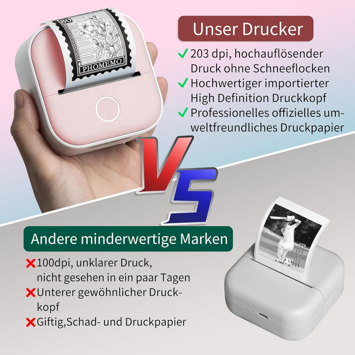 T02 Bluetooth Mini Drucker für Smartphone, tragbarer Fotodrucker fürs Handy, Etikettendrucker, Mobil
