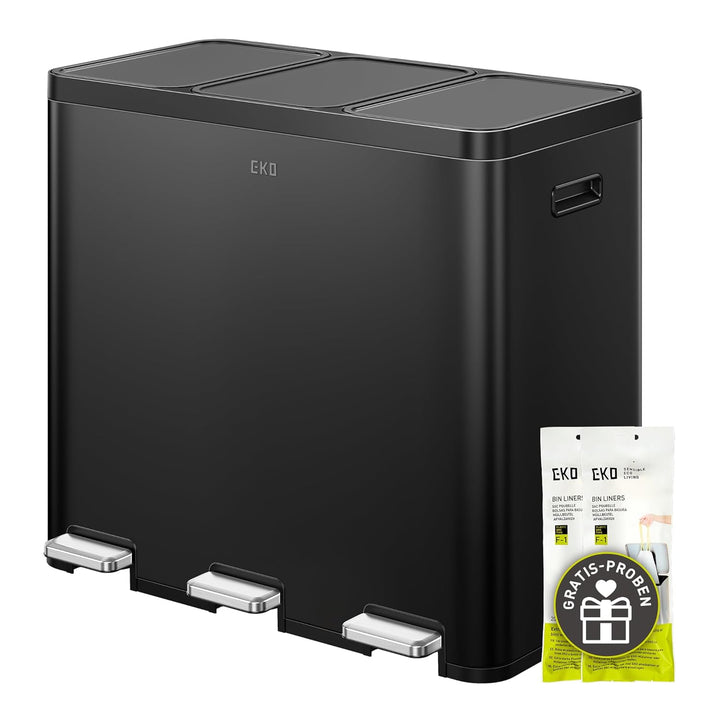 EKO Essential Mülleimer 3 Fächer, 3 x 20 Liter, Mülltrennsystem Küchentretmülleimer, inklusive 20 Mü