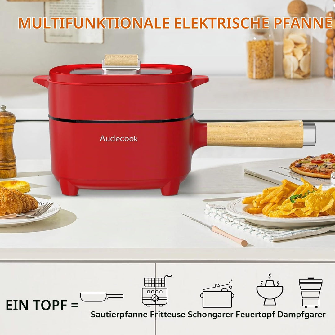 Audecook Elektrischer Hot Pot mit Dampfgarer, 2L/20cm Antihaft Elektropfanne mit Keramikglasur, Trag