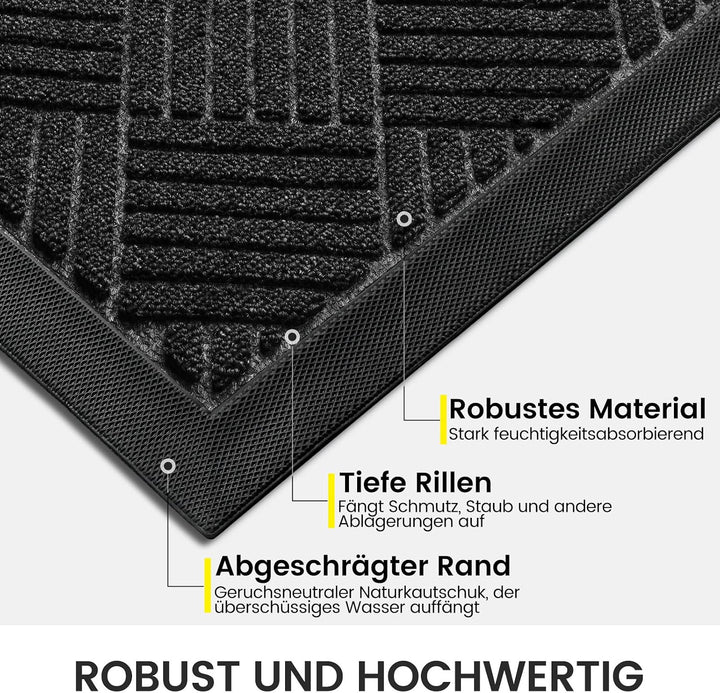 Fussmatte Aussen 43 x 75 cm, Schmutzfangmatte Waschbar Innen, Schwarz Diamant - Schwarz 43 x 75 cm (