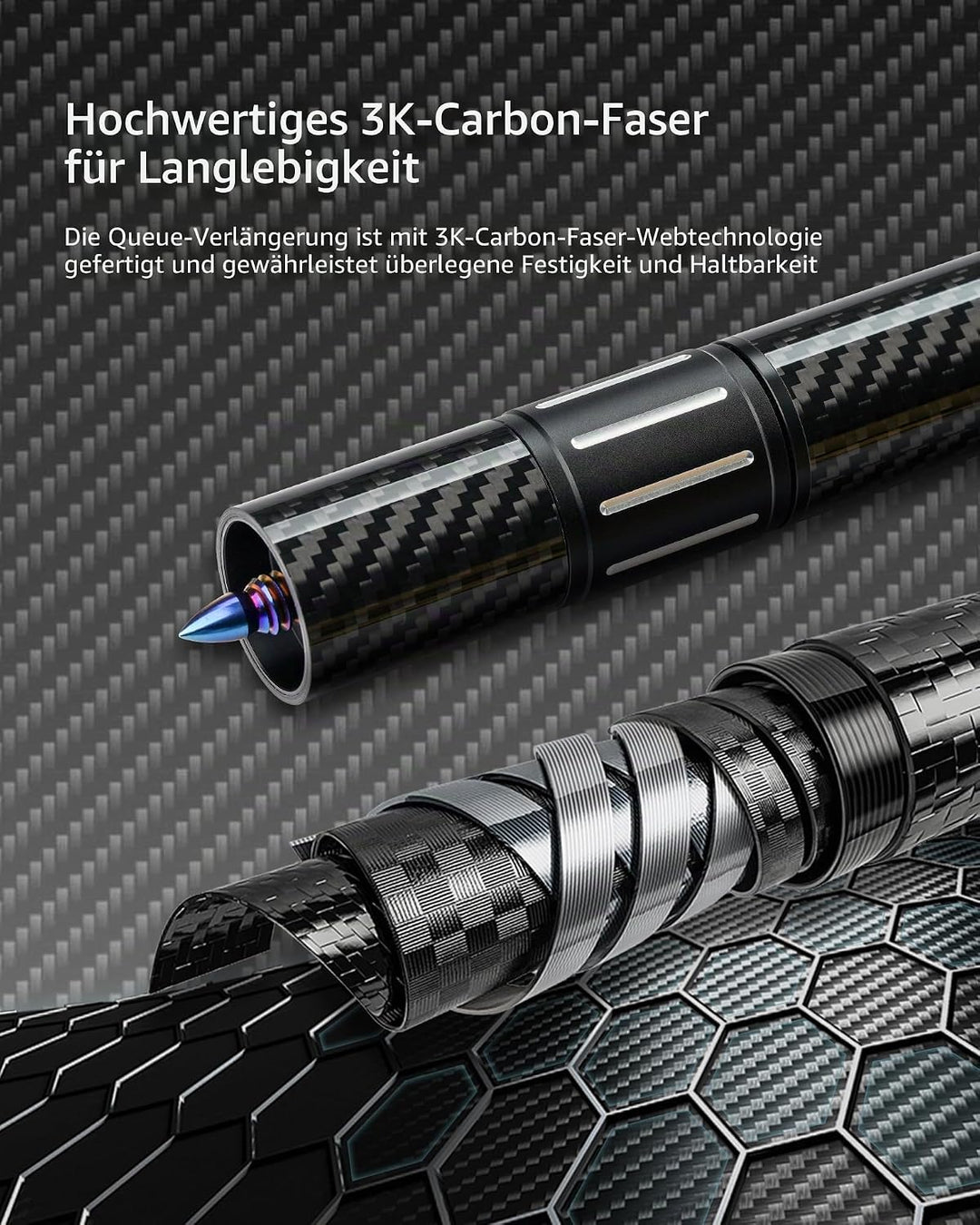 Konllen Pool-Queue-Verlängerung mit 3 Stossfängern, Carbonfaser, Billard-Queue-Verlängerung, Billard