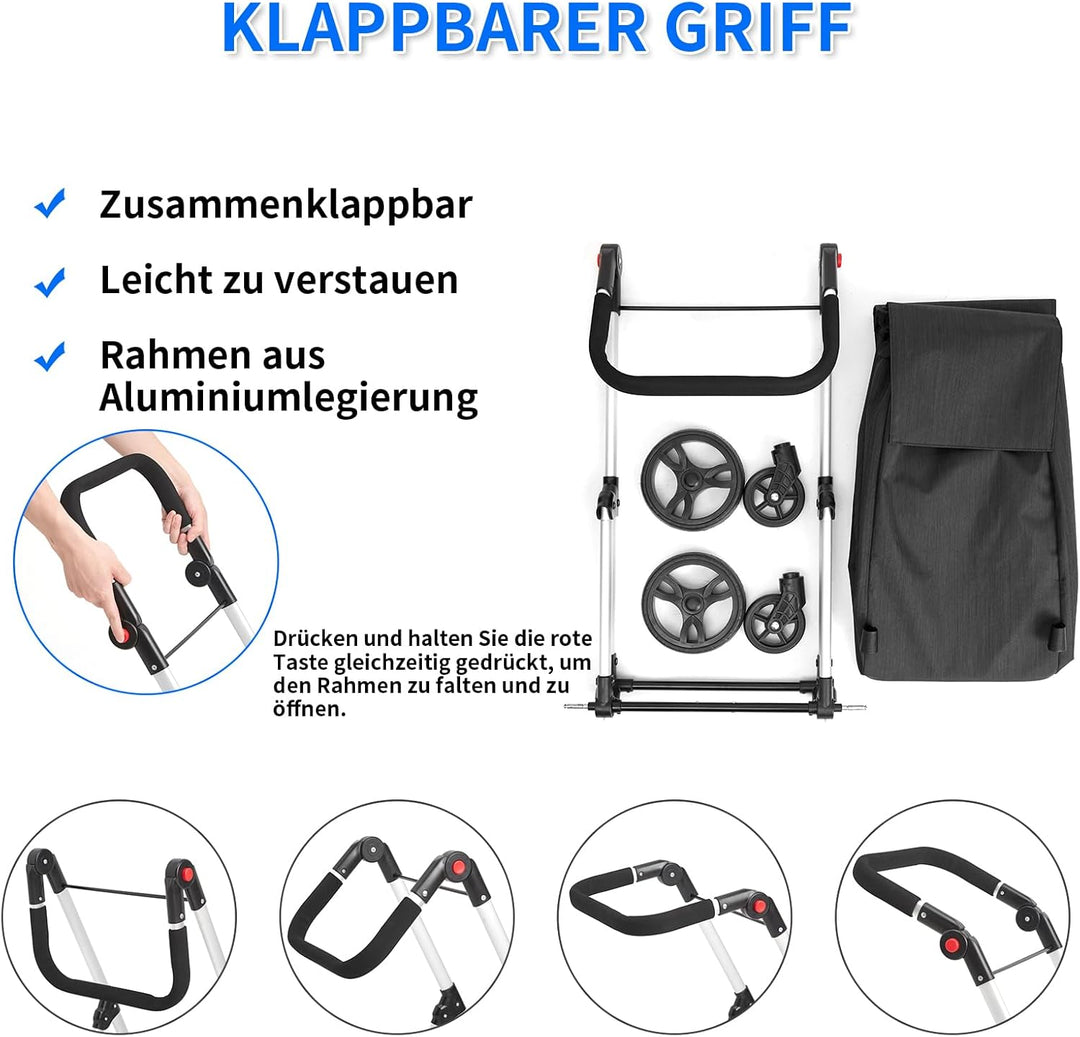 Einkaufstrolley, 46L Trolly Einkaufswagen Klappbar, 4 Rädern Aluminium Leichtgewicht Einkaufstrolley