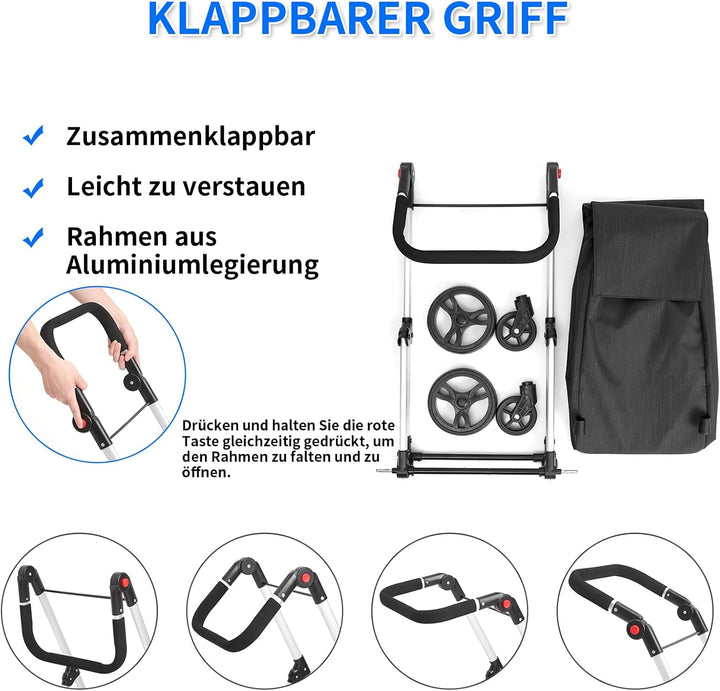 Einkaufstrolley, 46L Trolly Einkaufswagen Klappbar, 4 Rädern Aluminium Leichtgewicht Einkaufstrolley