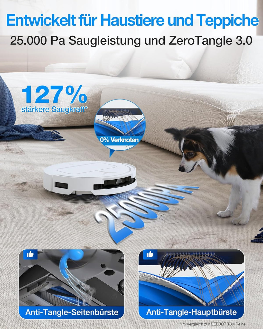 ECOVACS DEEBOT T50 Omni Gen3 Saugroboter mit Wischfunktion, 25.000 Pa, ZeroTangle 3.0, AIVI 3D 2.0,