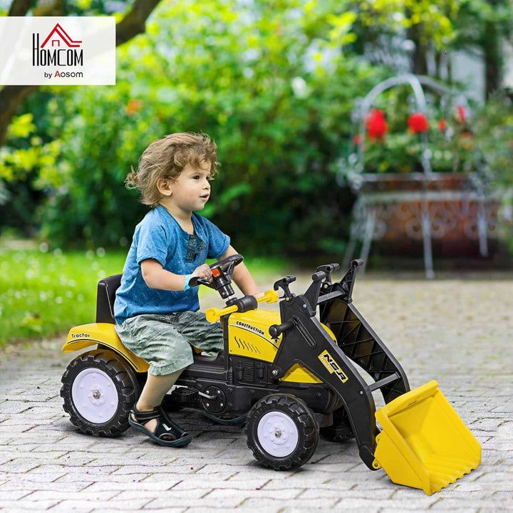 HOMCOM Trettraktor mit Ablagefach Schaufel Lader Traktor Tretfahrzeug für 3-jährige Kinder Gelb+Schw