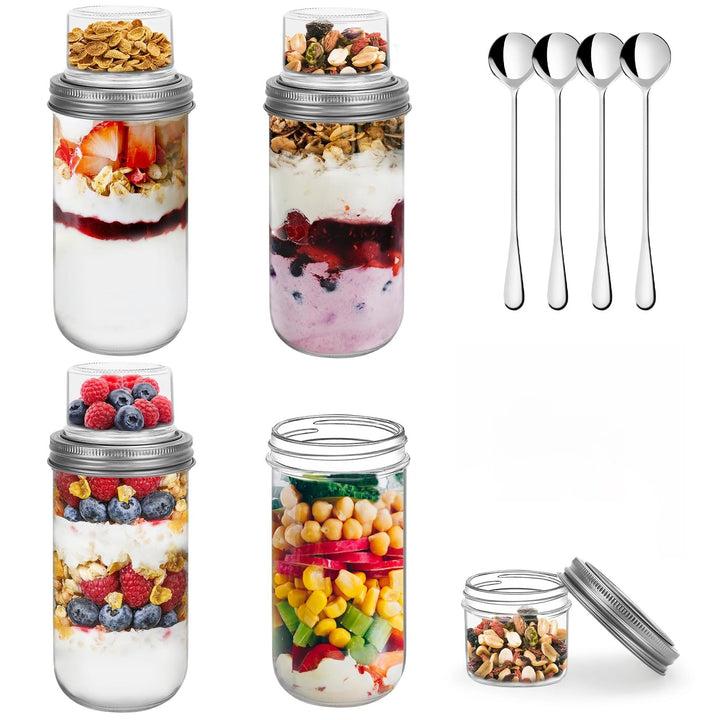 4er Overnight Oats Gläser, 600ml+100ml Doppelschicht Joghurtbecher mit Edelstahlöffel & Trocken-Nass