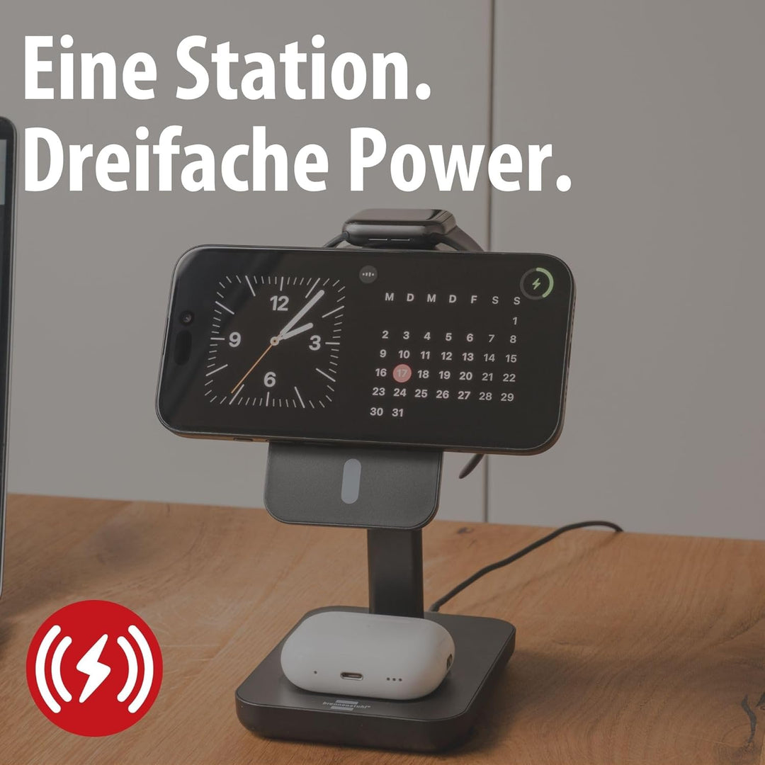 Brennenstuhl 3 in 1 Ladestation (magnetisches Ladepad 15W für Smartphones mit Qi2, Qi2-kompatibel, k