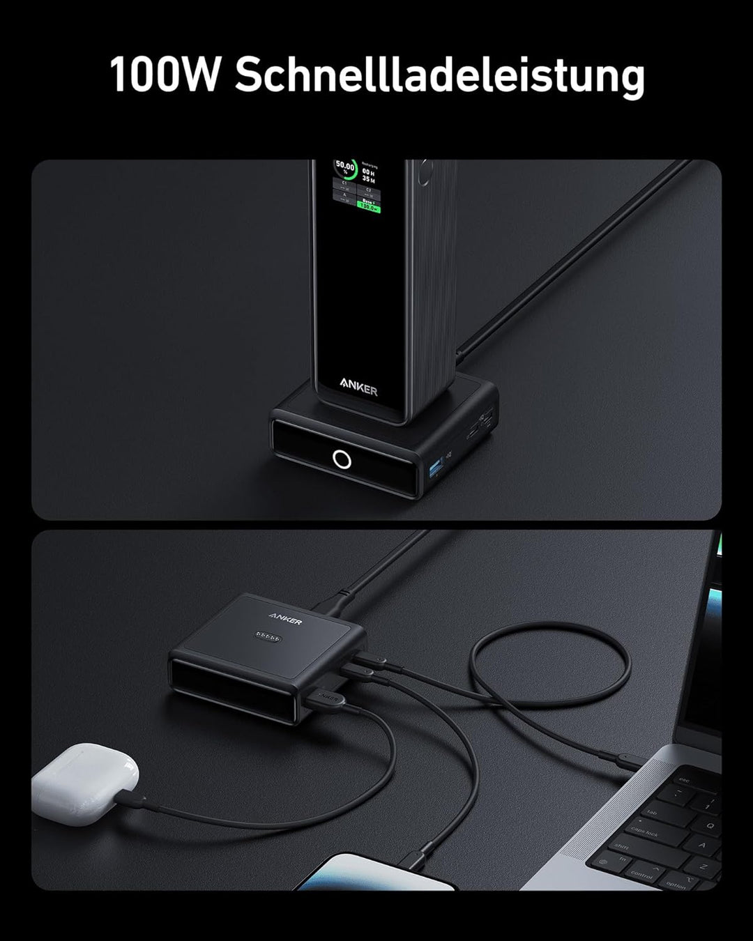Anker Ladestation für Anker Prime Powerbank, 100W Schnellladeleistung mit 4 Anschlüssen, für MacBook