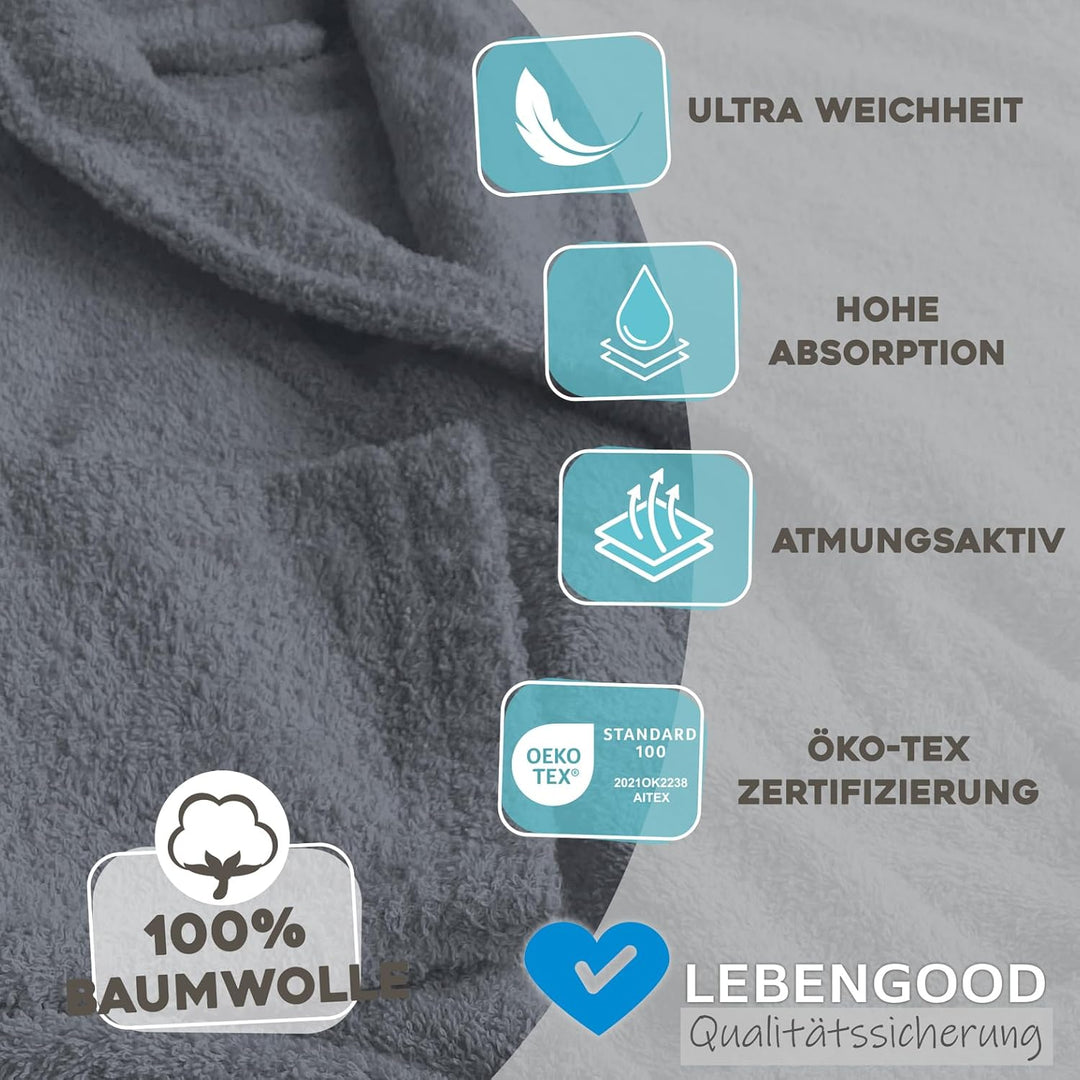 LEBENGOOD Bademantel für Damen, Herren, Unisex, Frottee 100% Baumwolle, Weicher Morgenmantel Dusche,